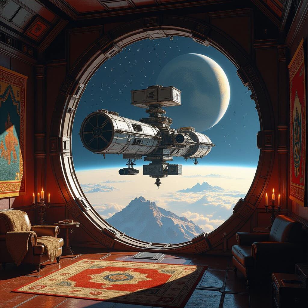 Massive Space Station Cabin Window View as Painting