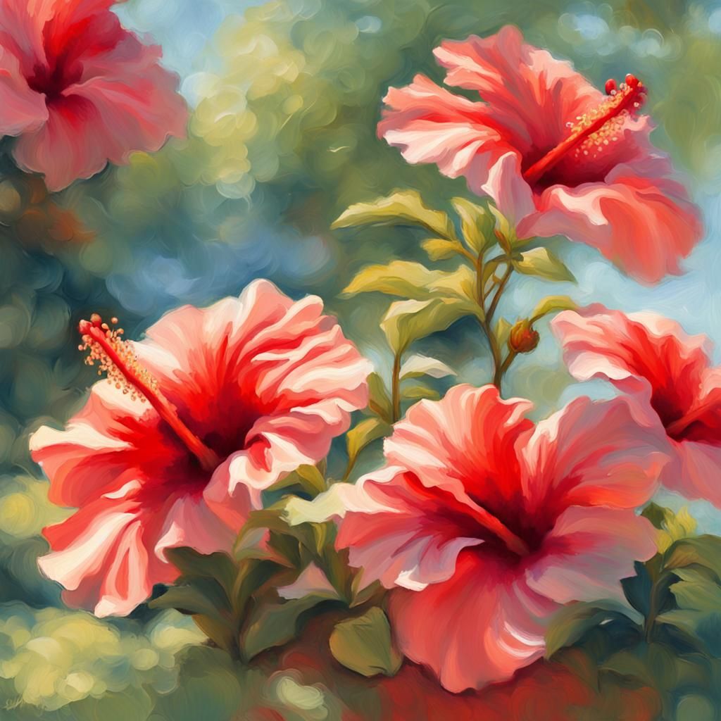 Red Hibiscus in Heavenly Garden: Digital Impressionism