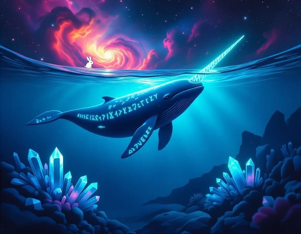 Majestic Narwhal in Alien Ocean with Cosmic Nebulae