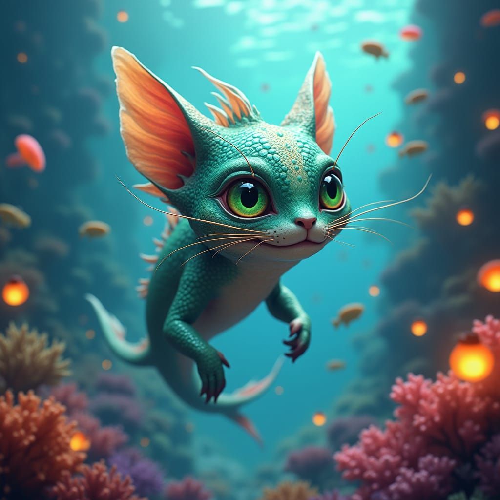 Cat-Fish Hybrid in Underwater Cityscape