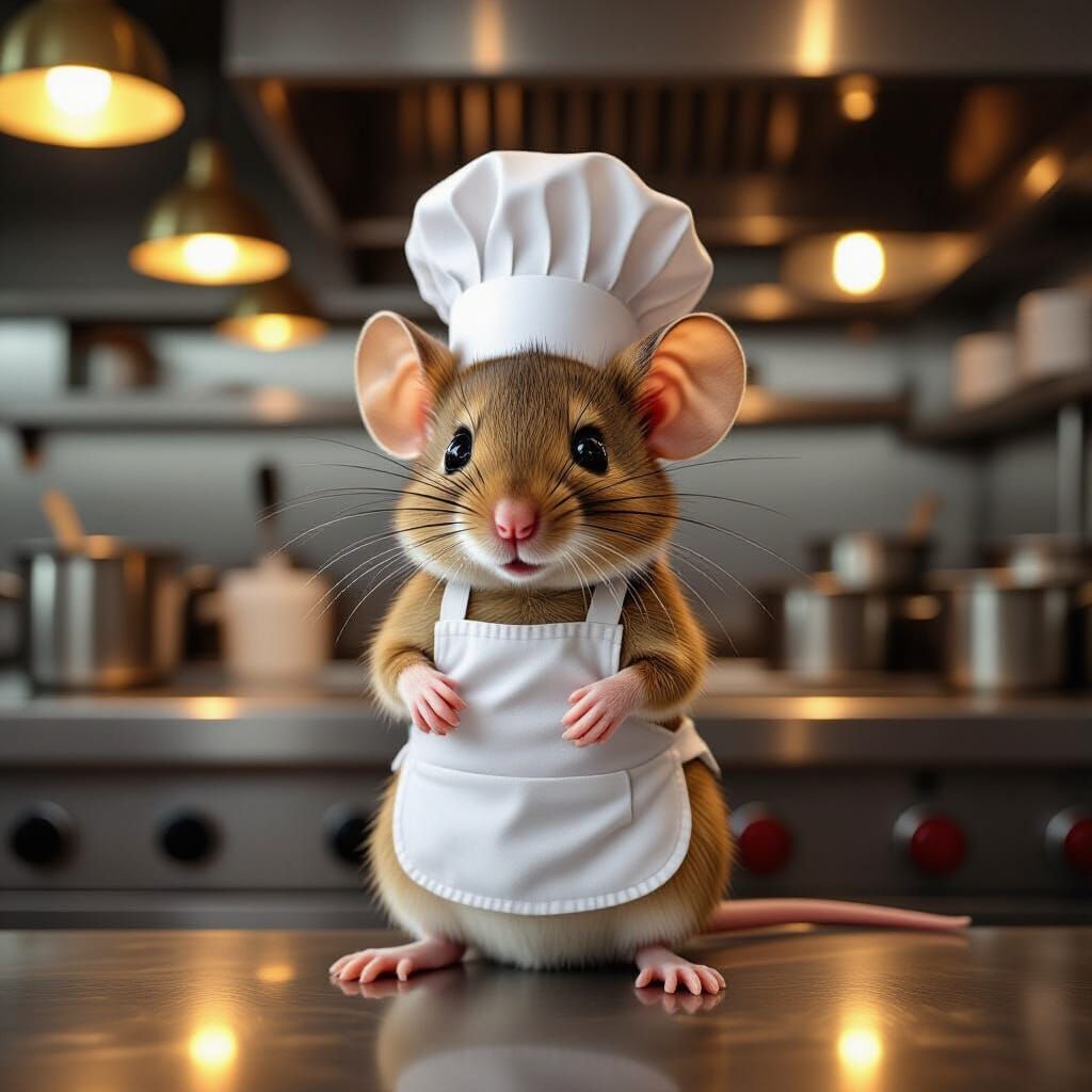 Mouse Chef in Restaurant Kitchen, Storybook Illustration