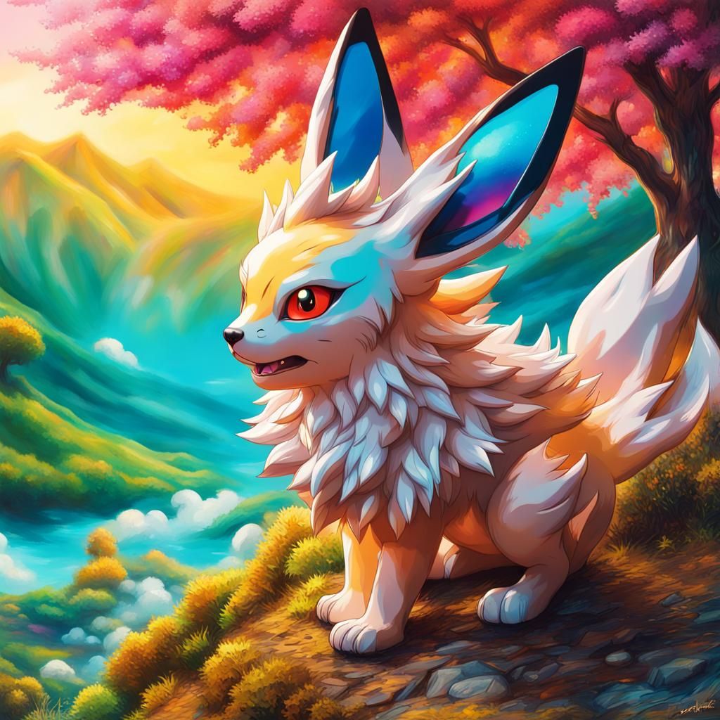 Eevee in Surreal Mythological Landscape, Mixed Media