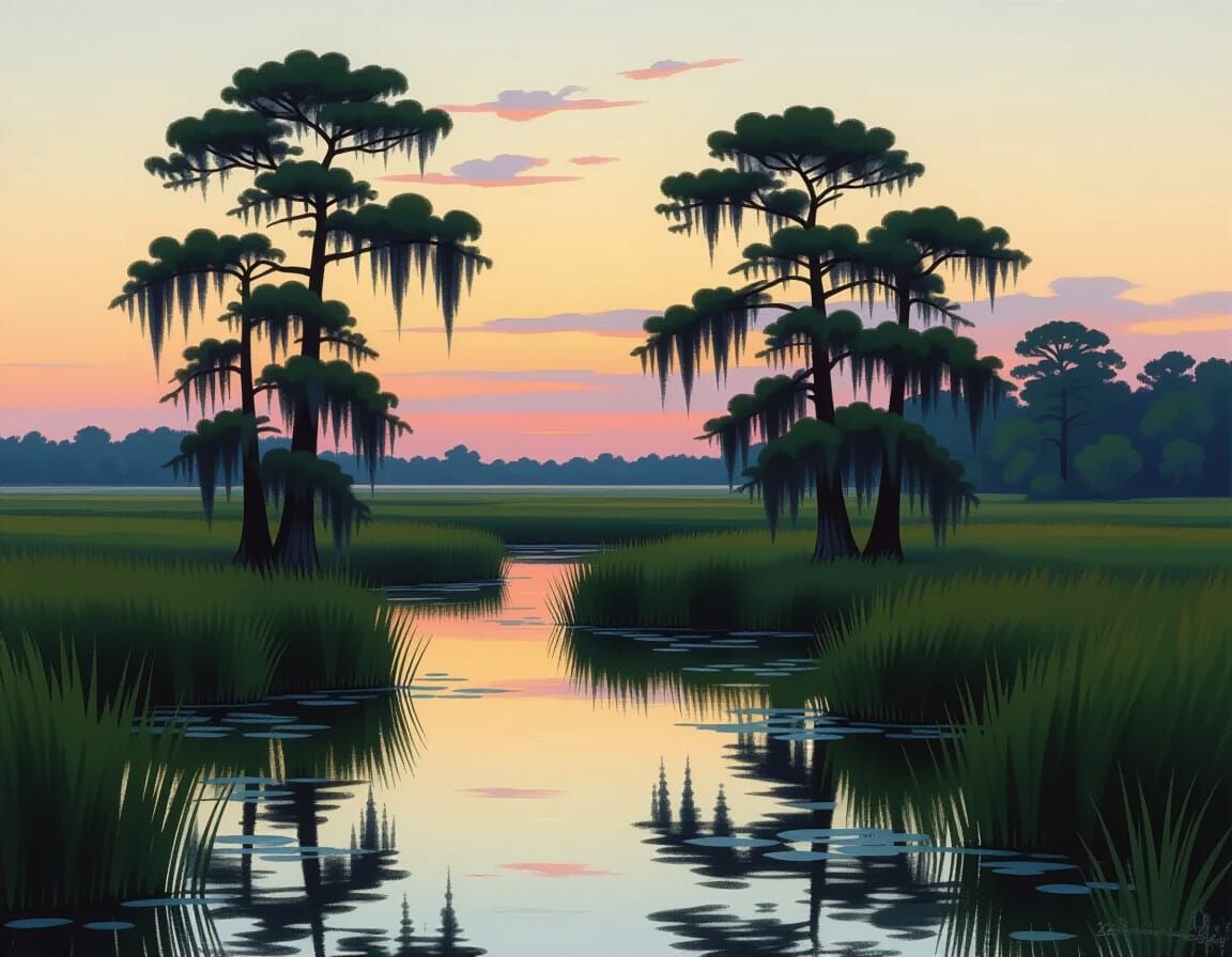Serene Marshland at Dusk, Impressionist Style