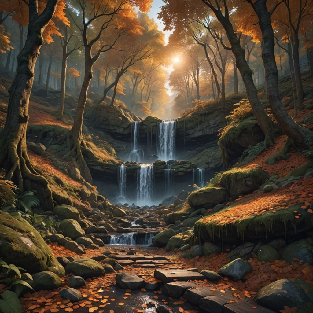 Hidden Waterfall Trail at Sunset: Fantasy Concept Art