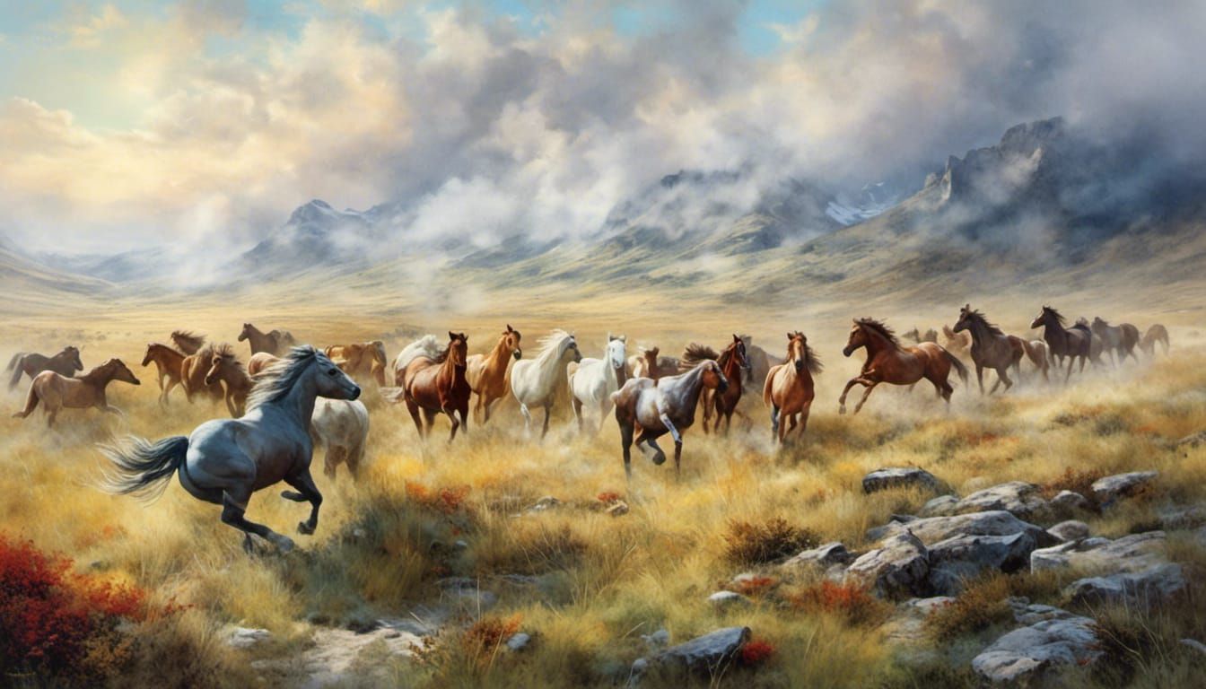 Wild Horses Running Free in Watercolour Landscape