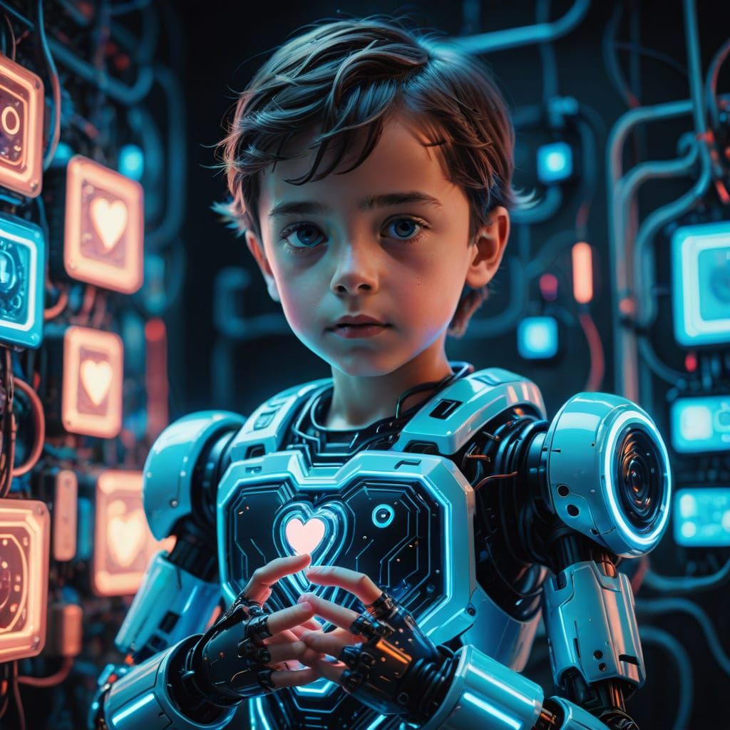 Surreal Robot Portrait with Heartfelt Moment