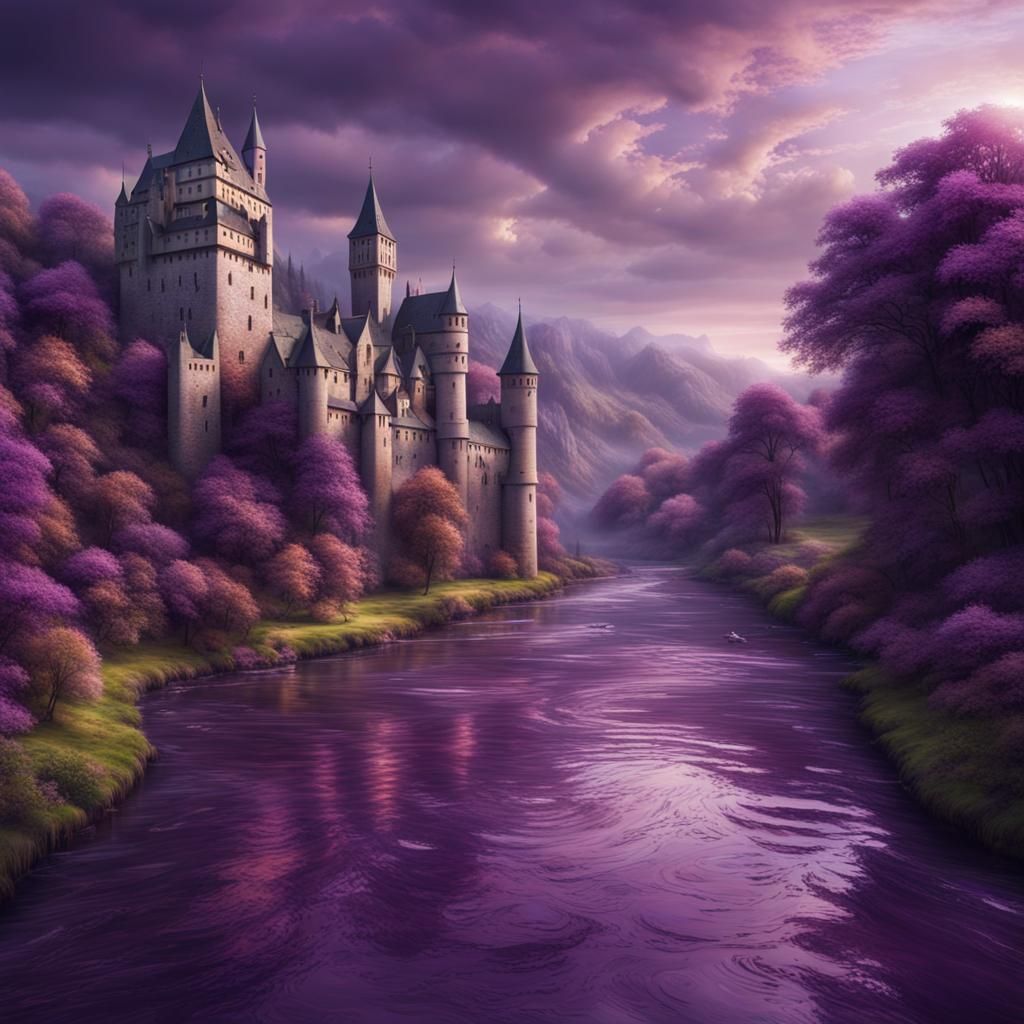 Medieval Purple River Landscape: Digital Matte Painting