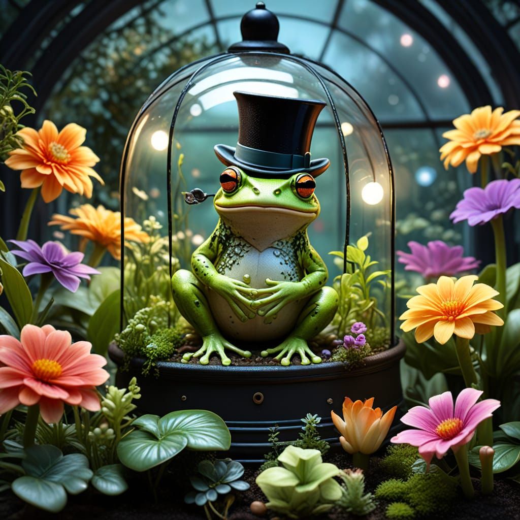 Frog Gentleman Arranging Flowers in Bioluminescent Greenhous...