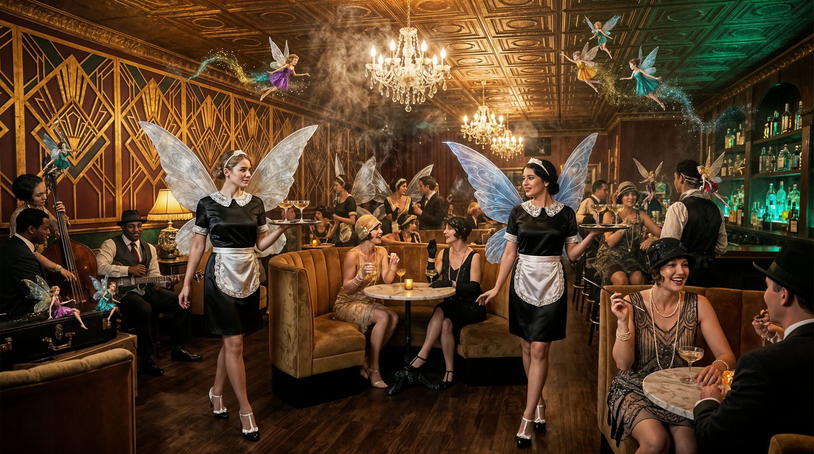 1920s Speakeasy with Winged Waitresses in Art Deco Style