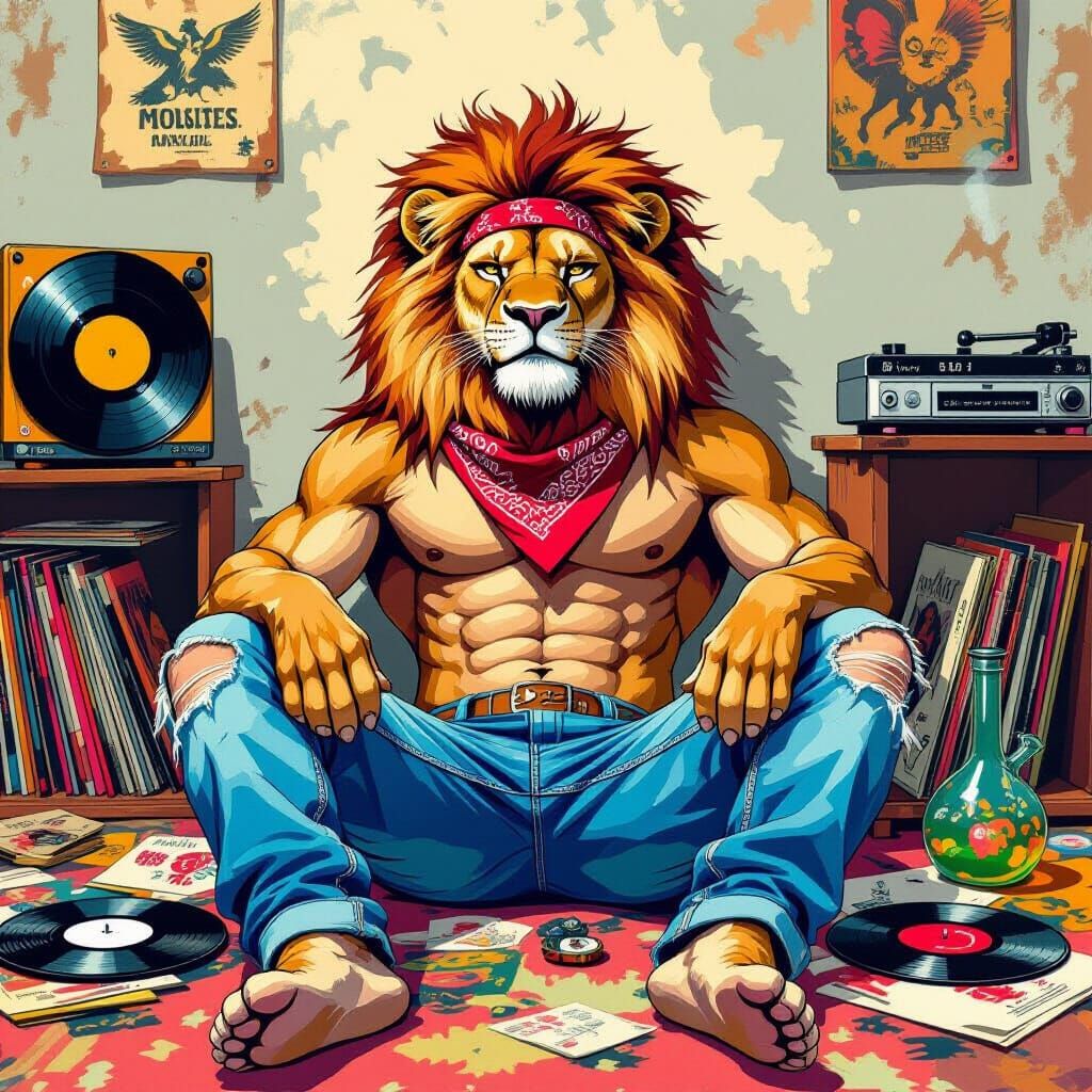 Psychedelic Lion in Bedroom, Ash Thorp Style