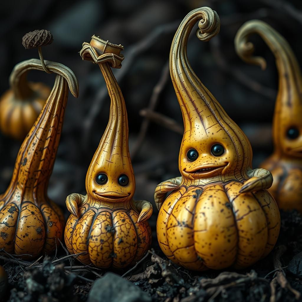 Whimsical Gourd Characters in Hyperrealistic Style