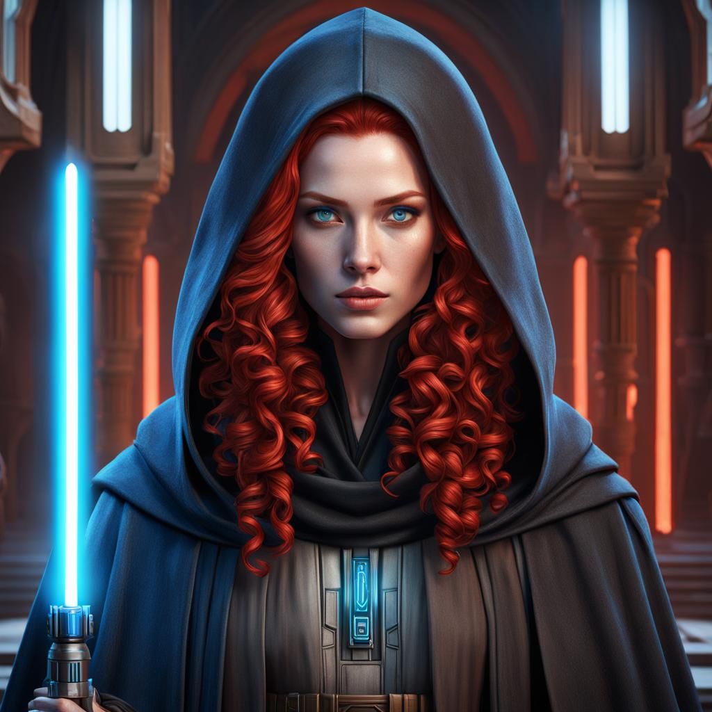 Female Jedi with Blue Lightsaber, Detailed Matte Painting