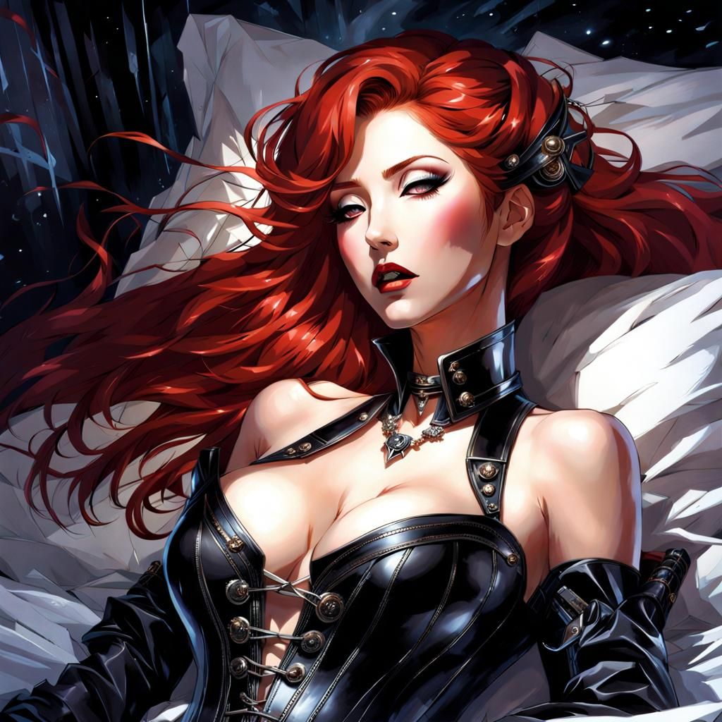 Futuristic Gothic Woman in Bed, Splash Art Style
