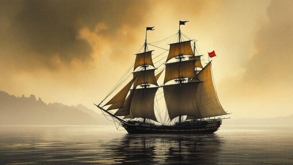Sailing Ship in Coastal Mist: Charcoal Pointillism Style