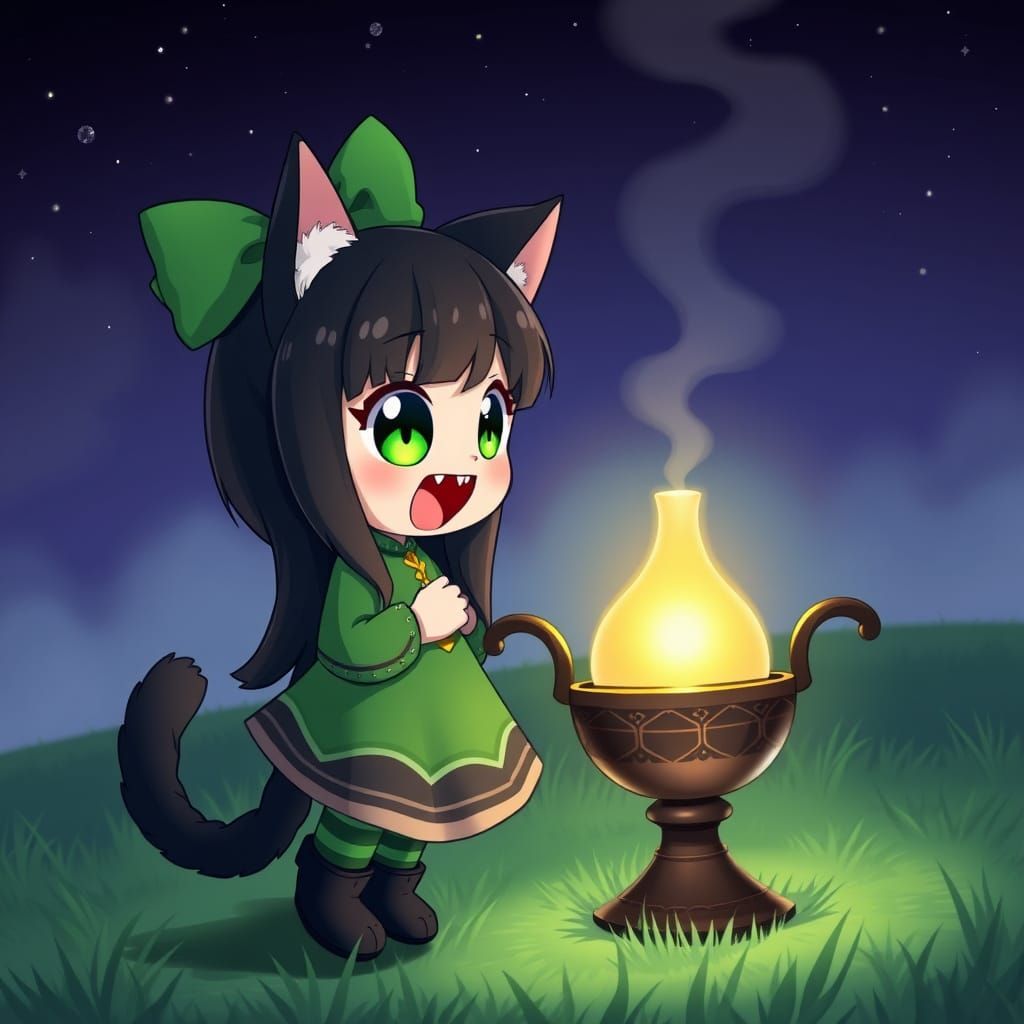 Cute Anime Catgirl Admires Ancient Magic Lamp in Enchanted F...