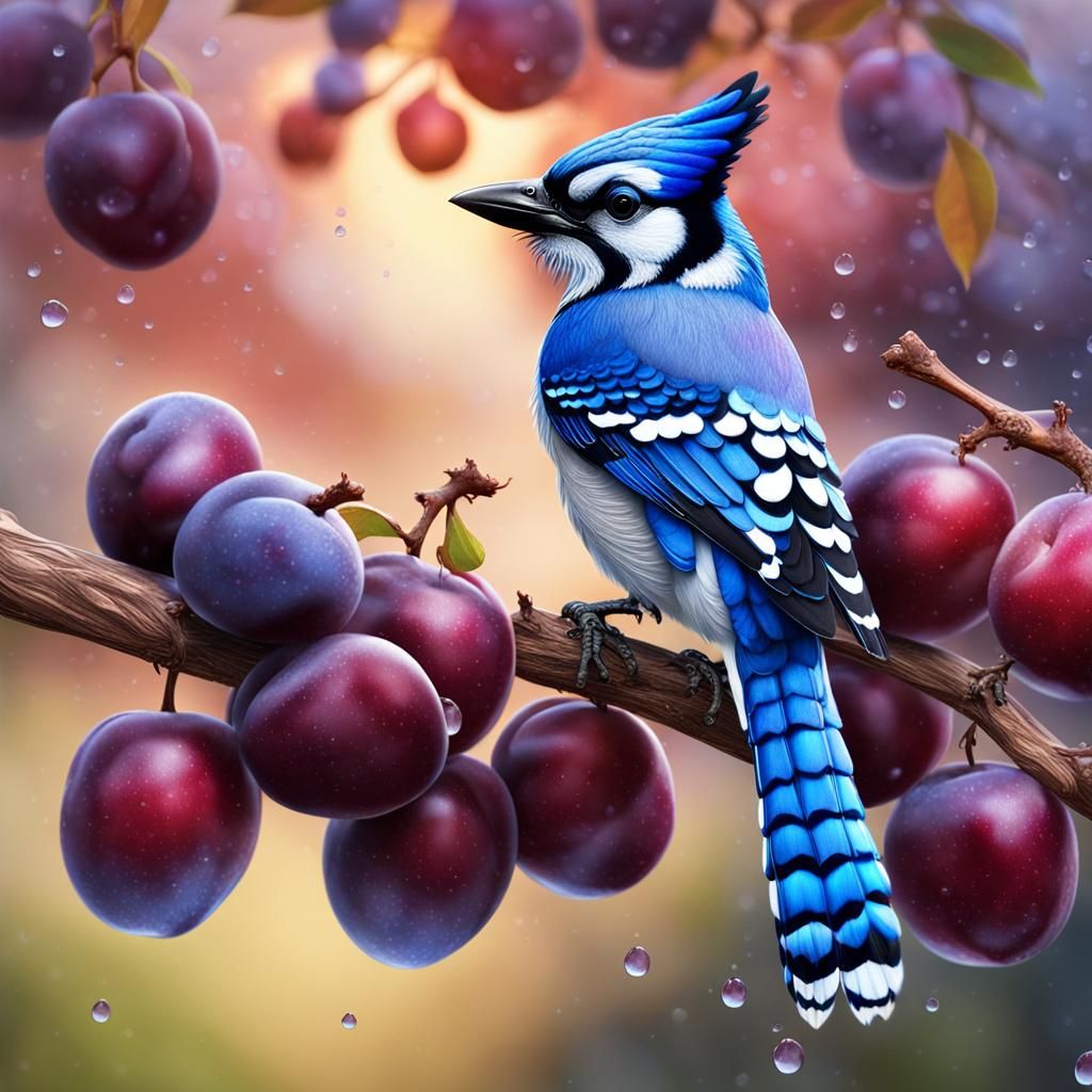 Hyperrealistic Bluejay with Plum in Morning Light