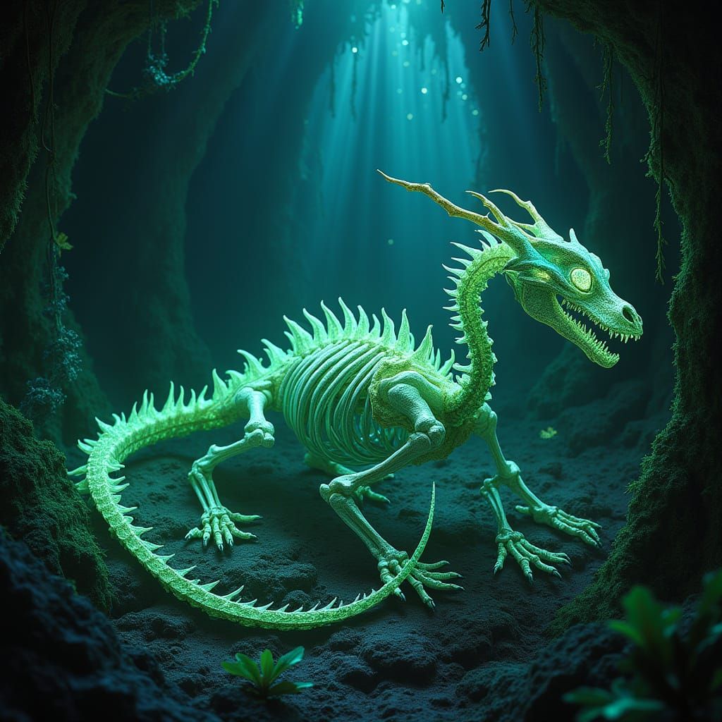 Bioluminescent Dragon Skeleton in Crystal Grotto