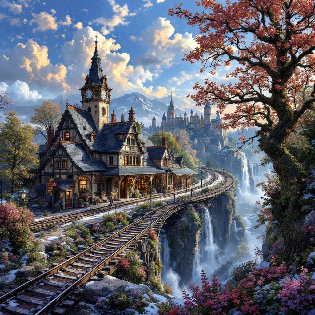 Belle Epoque Train Station in the Sky: Gouache Drawing