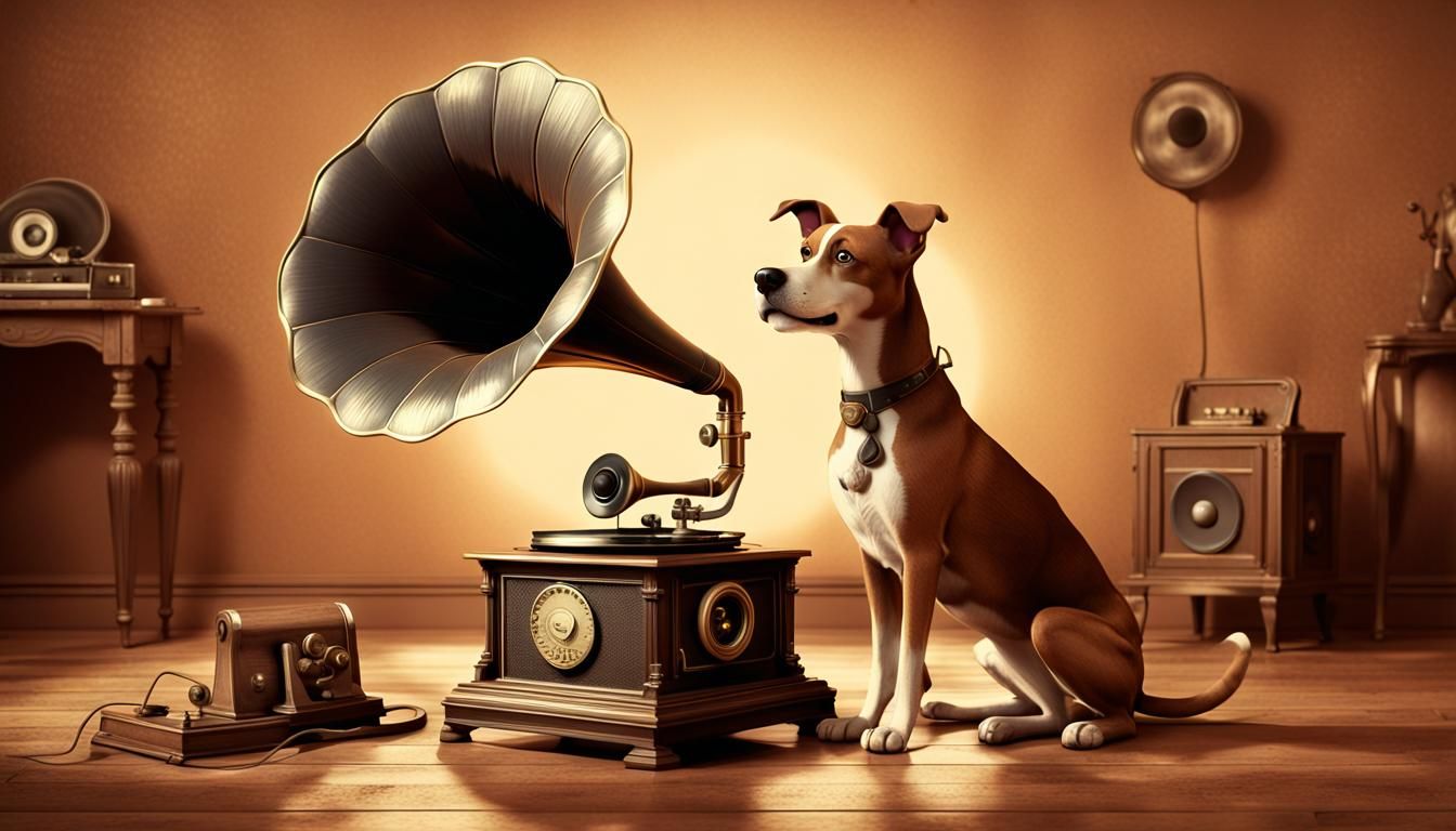 Dog Listens to Gramophone in 1920s Style