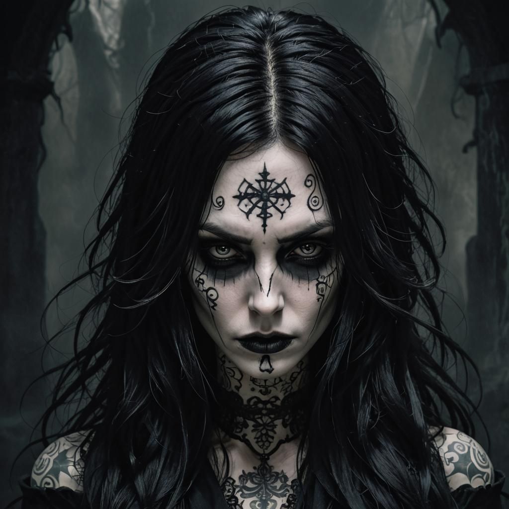 Gothic Girl with Facial Tattoos and Dark Aura