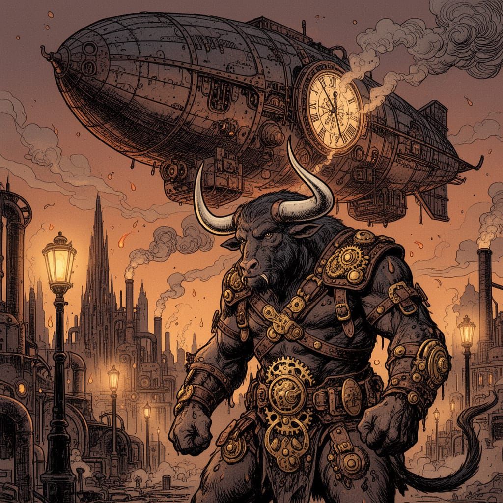 Majestic Minotaur Before Steampunk Airship in Comic Style