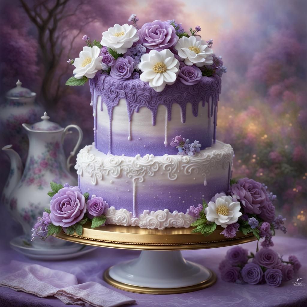 Purple and White Birthday Cake in Ethereal Style