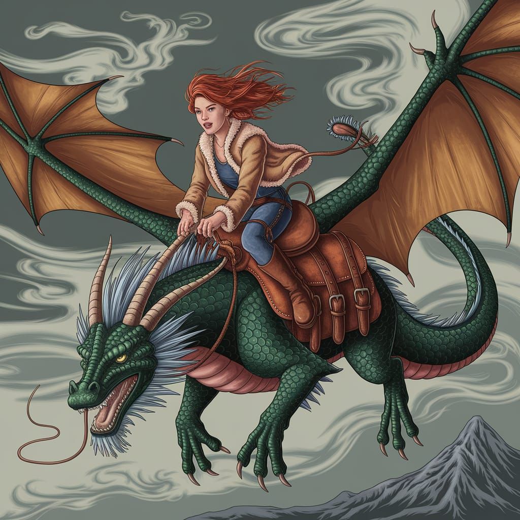 Majestic Dragon Rider in Earth-Toned Flying Jacket