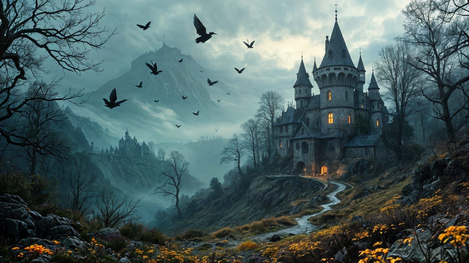 Ethereal Haunted Castle with Flying Bats and Ravens