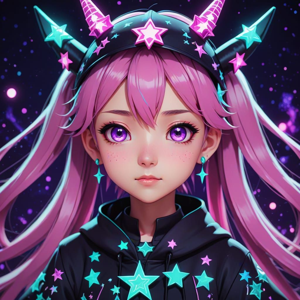 Vibrant Chibi Hatsune Miku in a Cosmic Star Hat