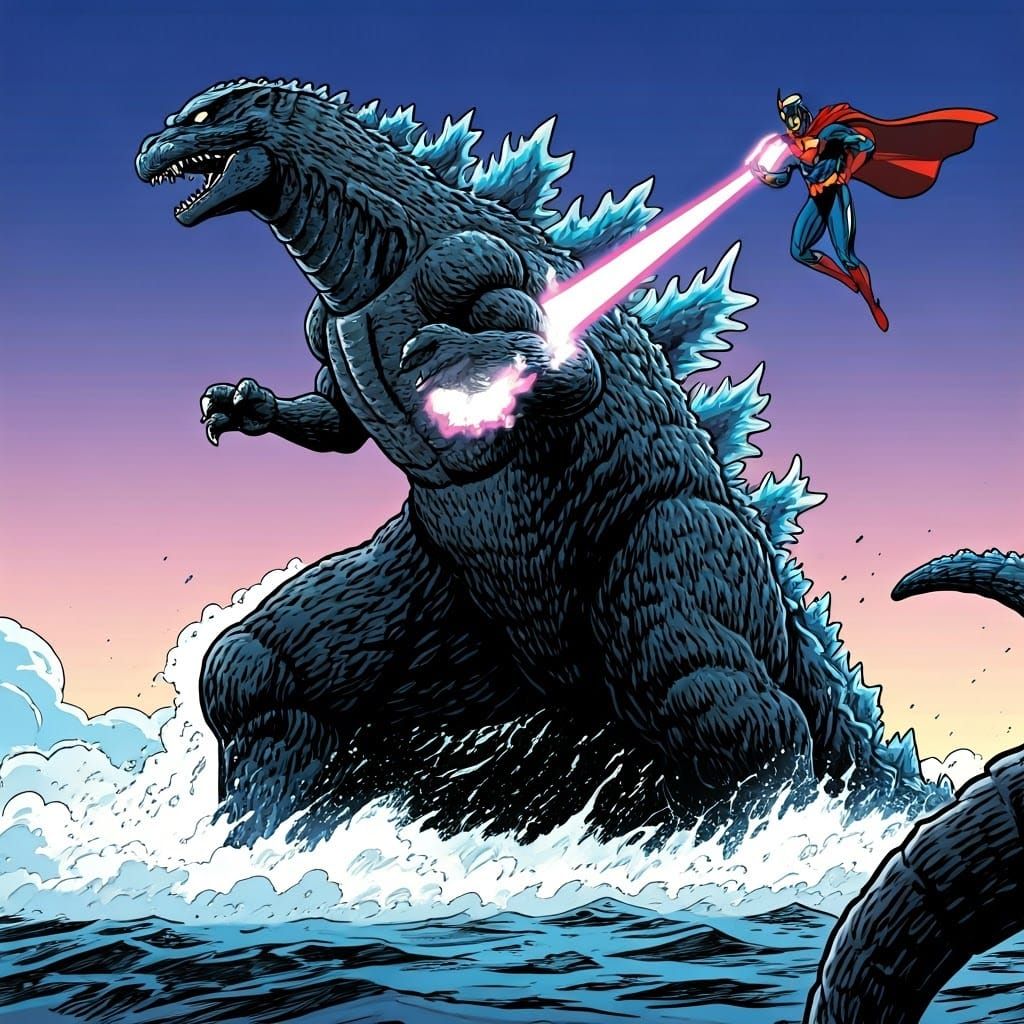 Godzilla Chased by Hero in Lower Perspective Pop Art