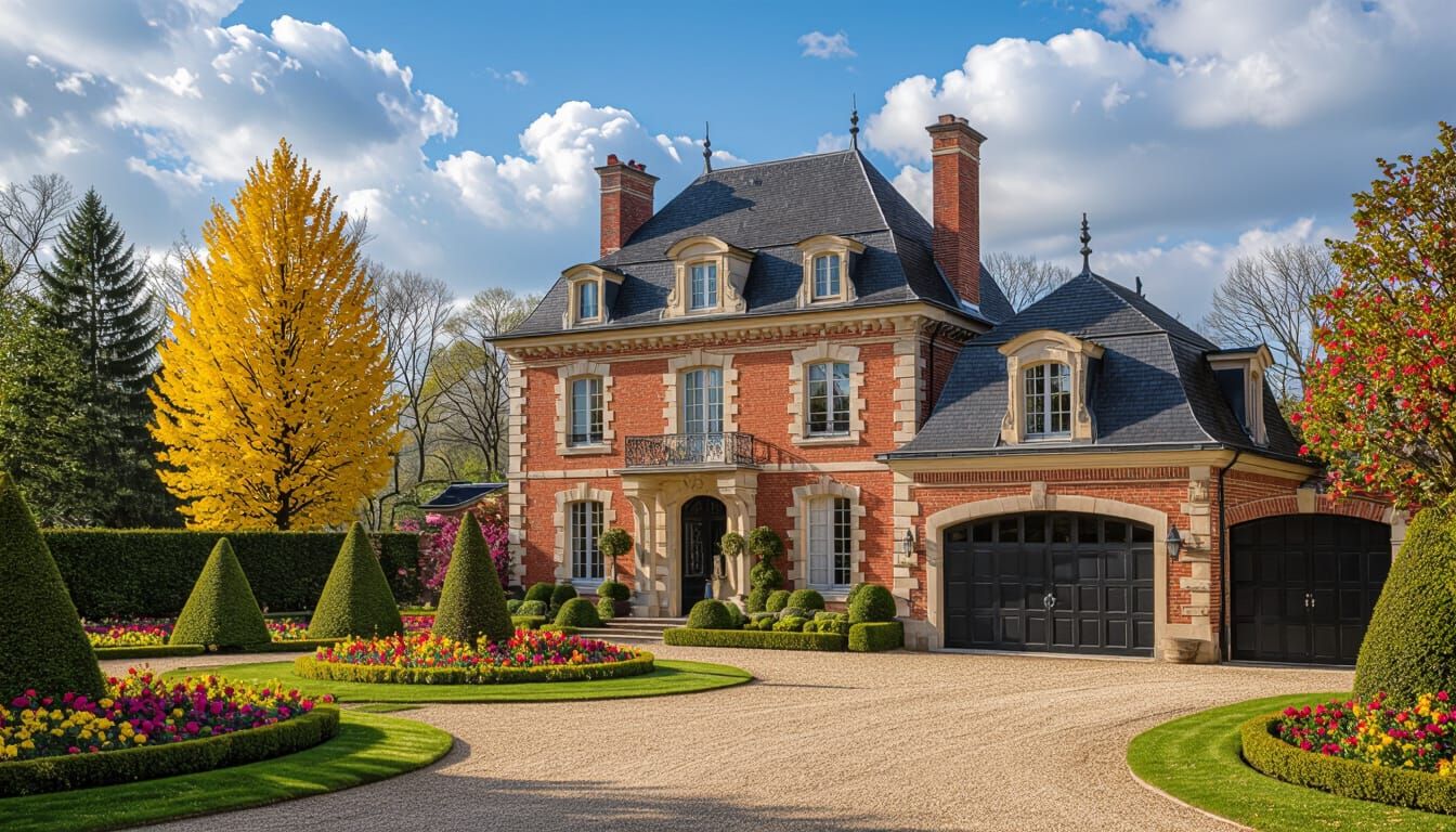Elegant Brick Chateau Amidst Vibrant Gardens