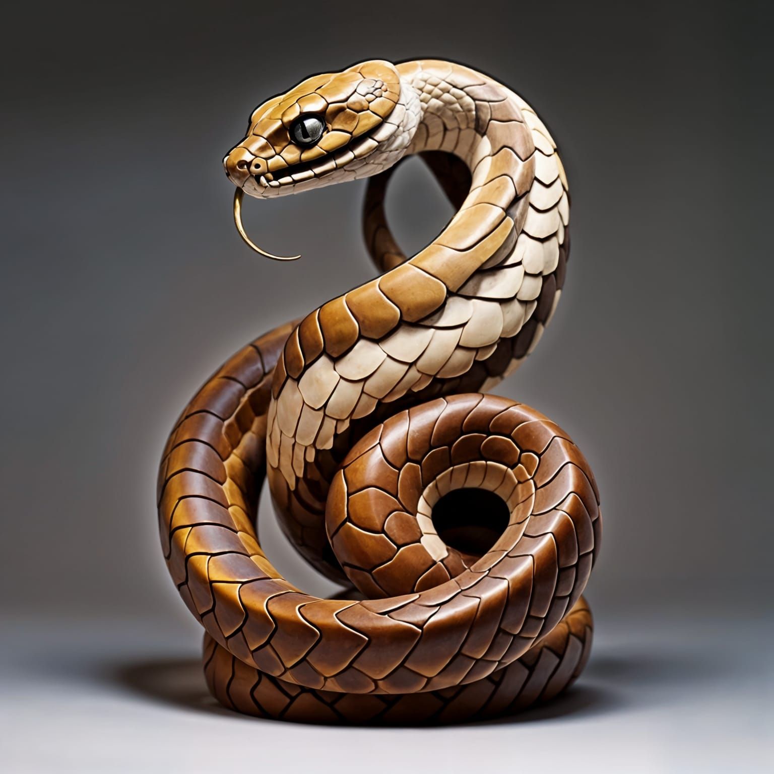 A beautifully carved snake coiled up.