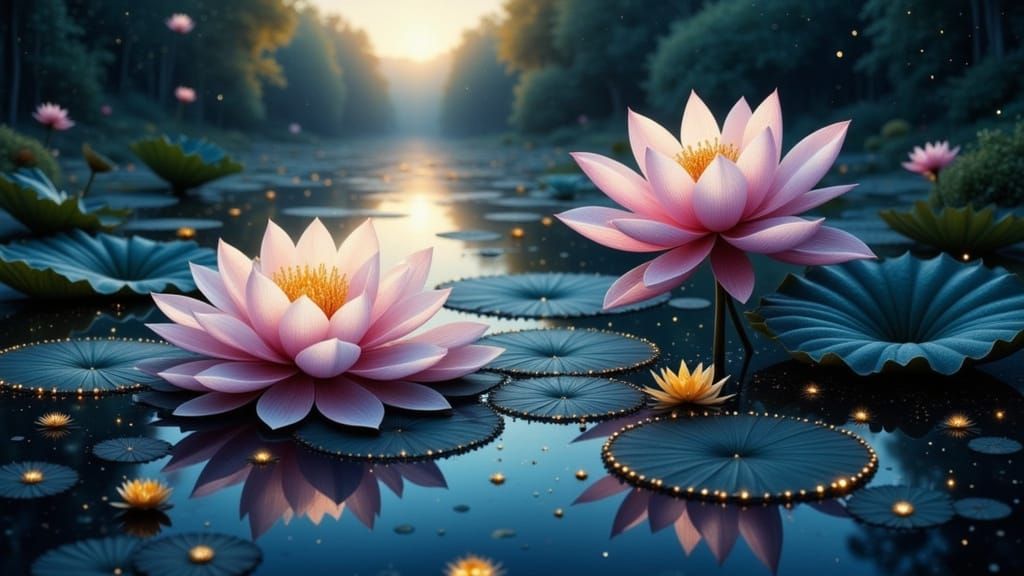 Twilight Pond with Luminous Lotus Flowers