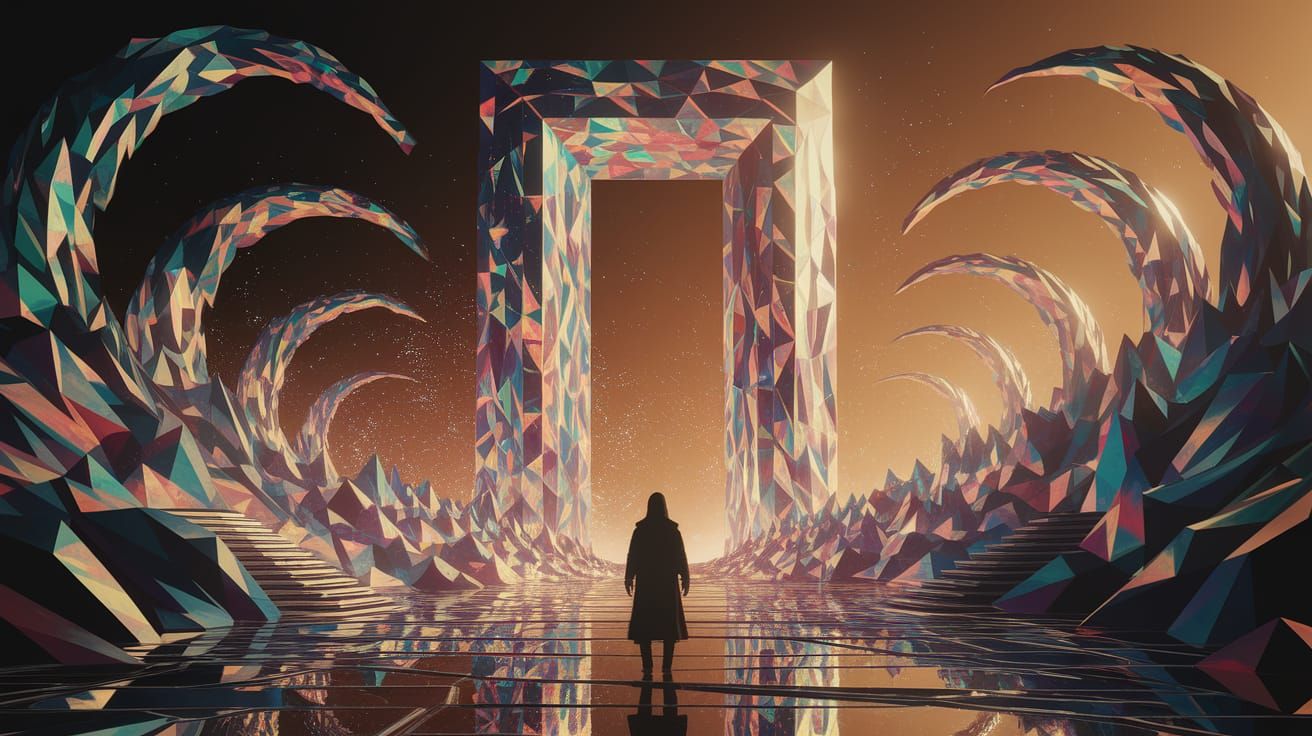 Voyager Gazes at Iridescent Portal in Dreamscape Painting