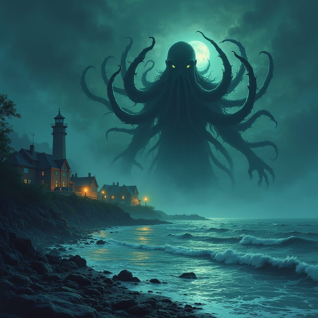 Coastal Village with Cthulhu Silhouette in Cartoon Style