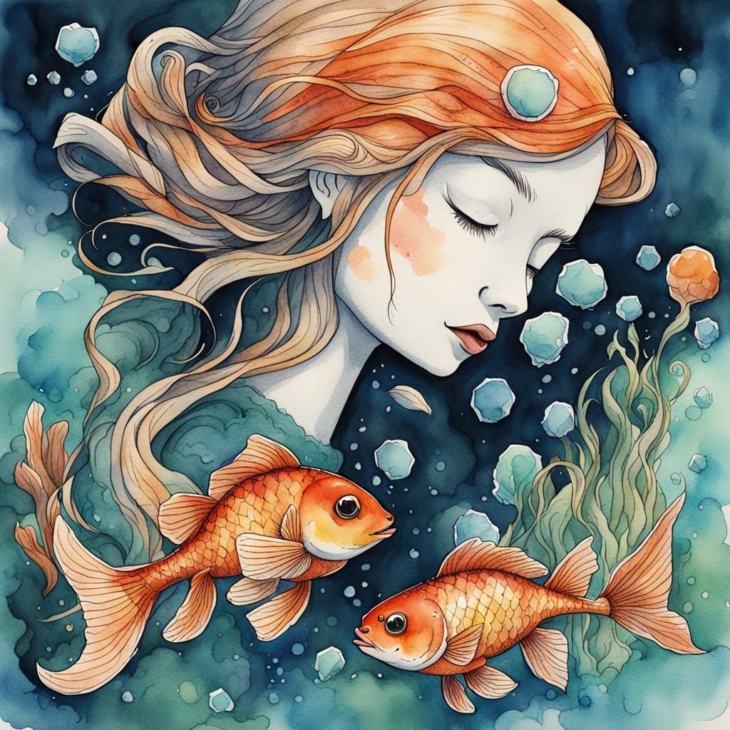 Watercolor Fish with Black Fineliner Illustration