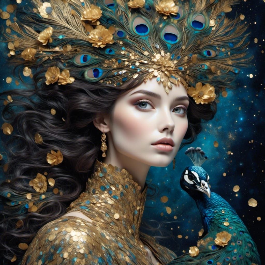 Beautiful Woman with Peacock Feathers Portrait