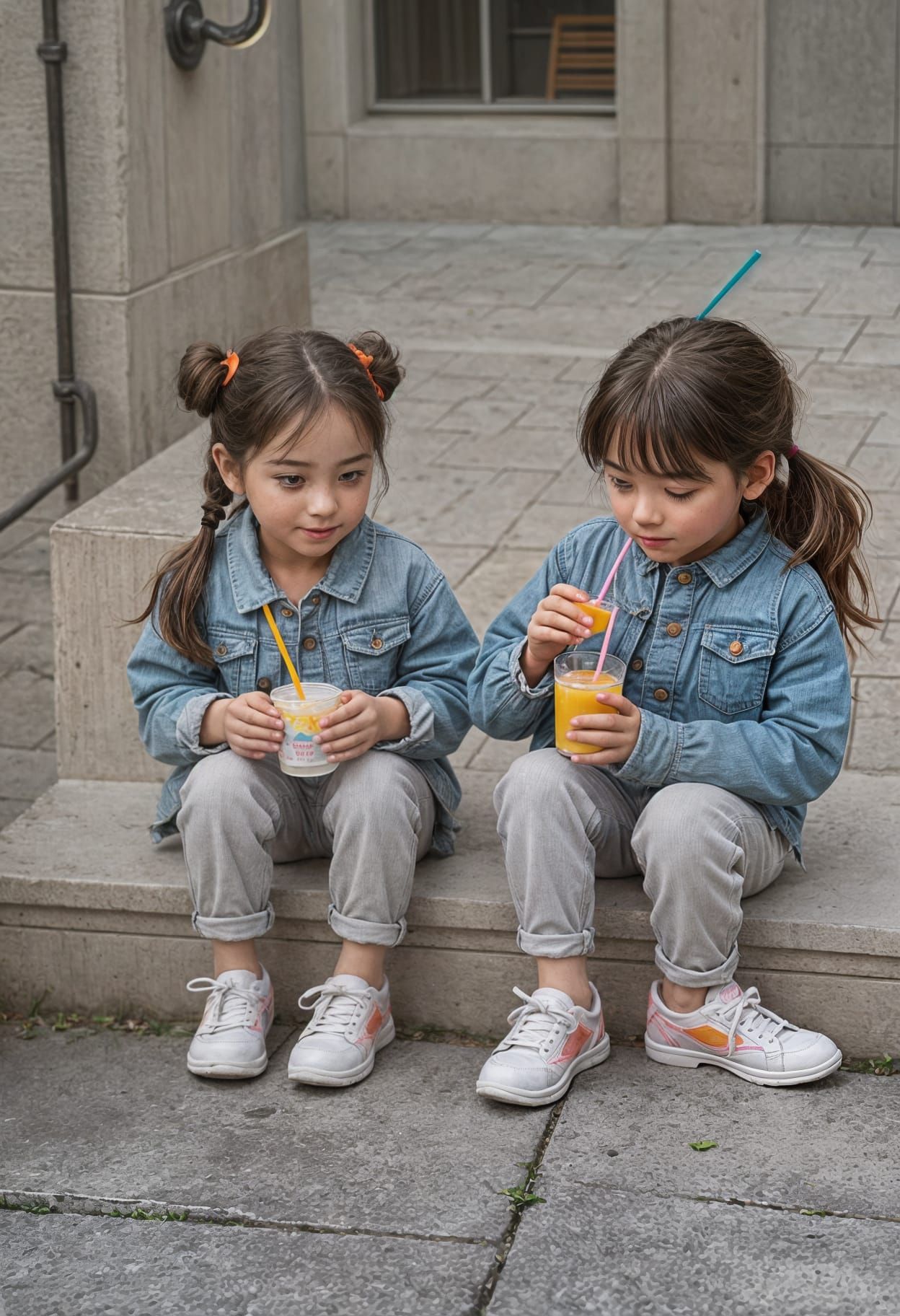 Little Girls Enjoying Orange Juice in a Bright and Whimsical...