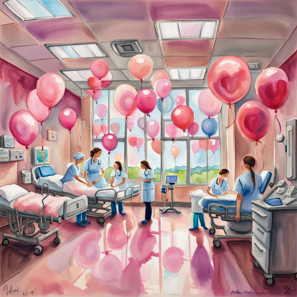 Pink Pastel Watercolor Hospital Scene with Doctors