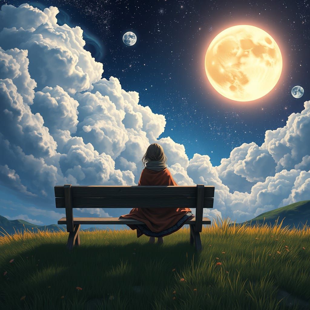 Serene Woman Under Starry Night Sky in Whimsical Anime Style