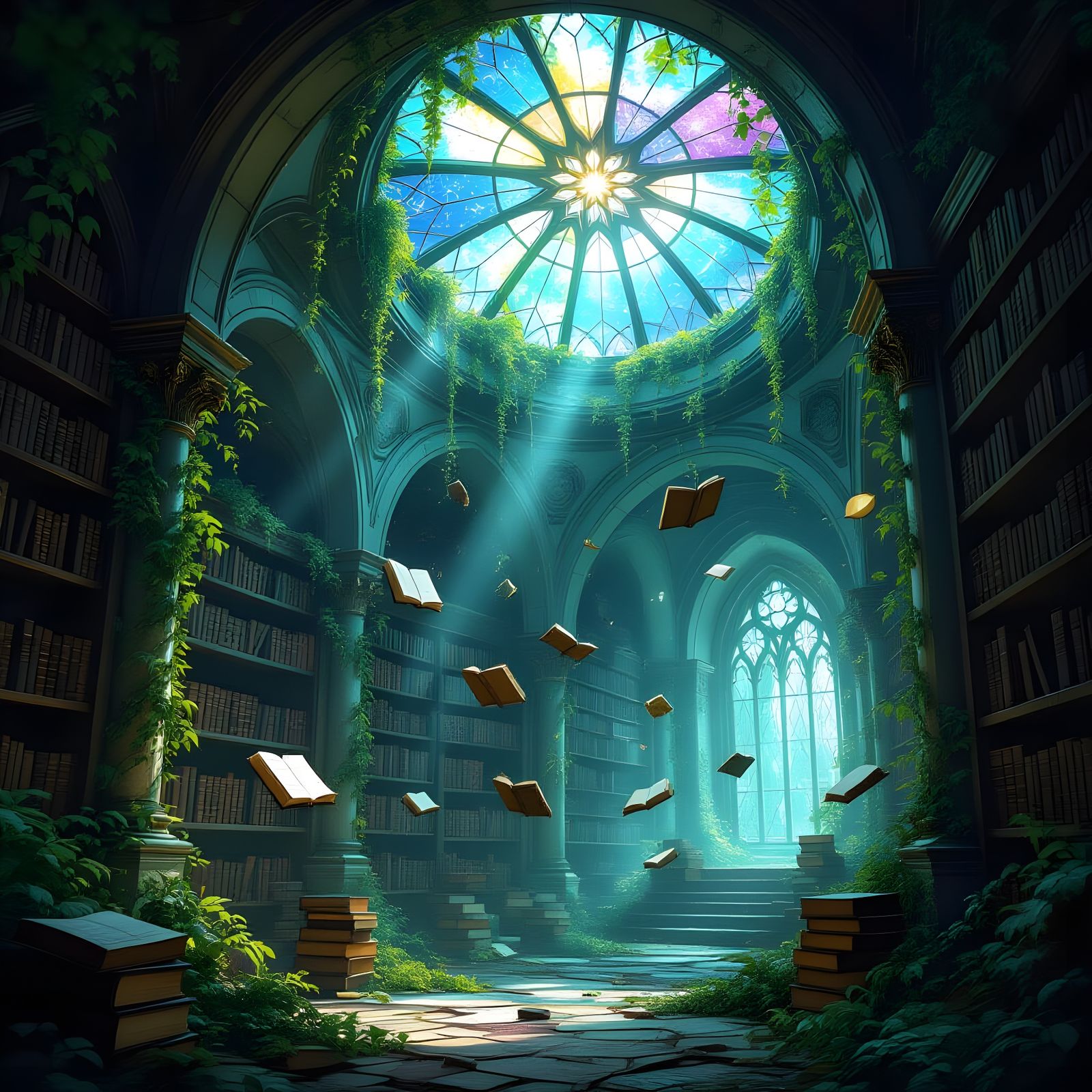 Floating Books in Ancient Moss Library with Cosmic Starlight