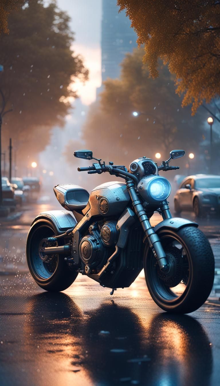 space motorcycle standing on the roadside, star, crowded, tree, rain, squirrel, fog, gun