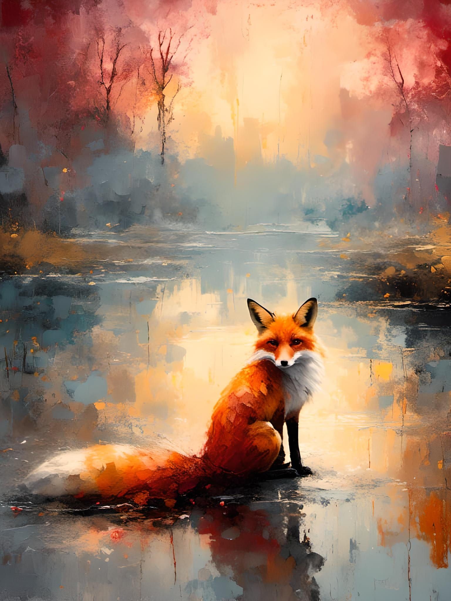 Red Fox by Lake: Impasto Oil Painting