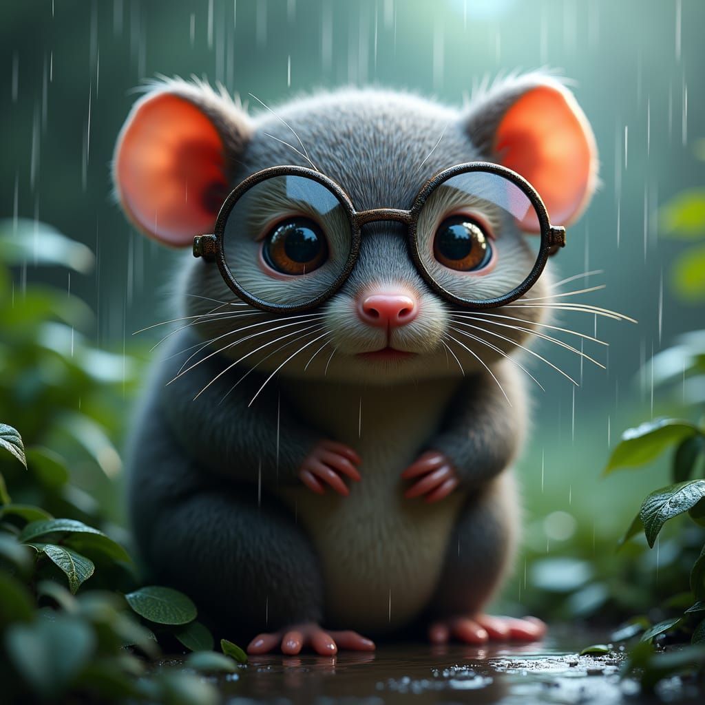 Stunning image of a cute, adorable mole with big round eyes squinting inwards, the mole is wearing glasses, standing in ...