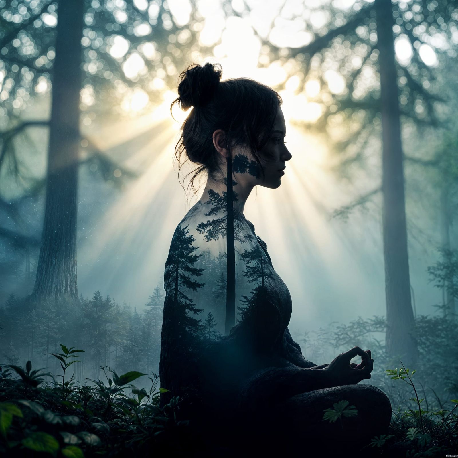 Misty Forest Double Exposure with Sun Rays