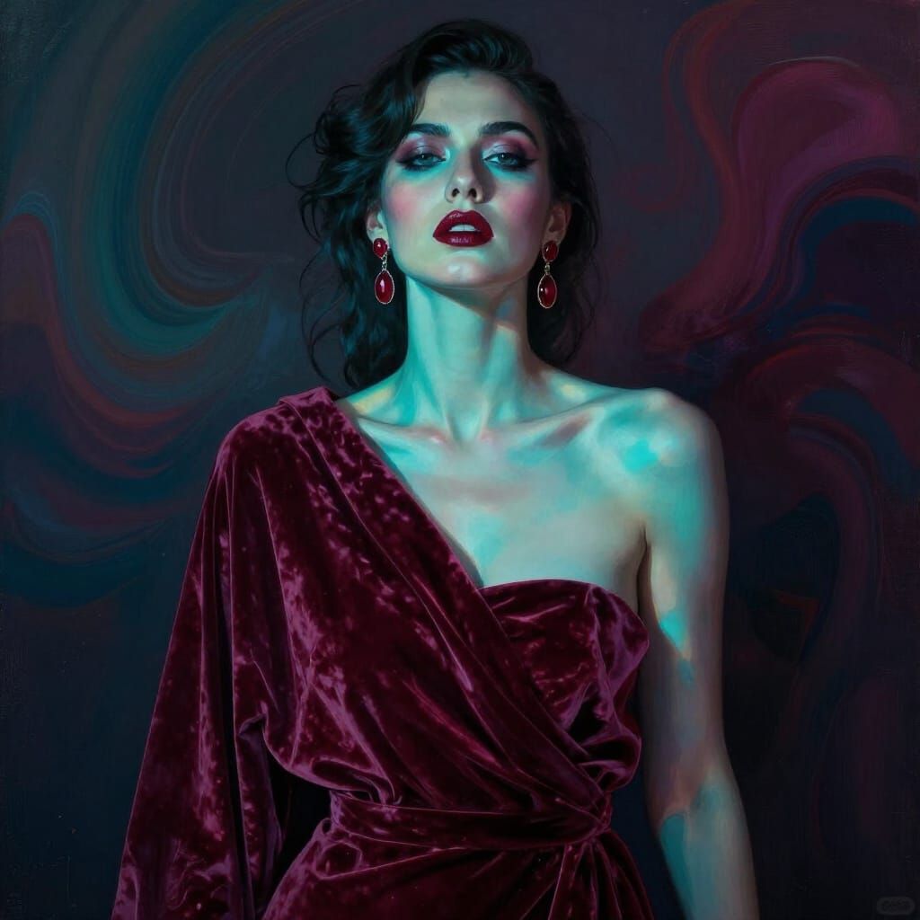 Stunning Woman in Plum, Aquamarine, and Cranberry Hues