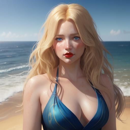 Blonde Woman in Red Dress, Hyperdetailed Portrait