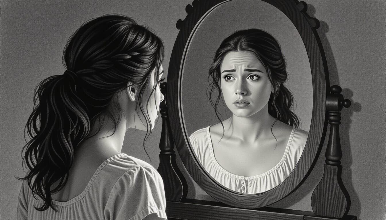 Woman Gazes Into Mirror Beside Worried Lover in Charcoal Dra...