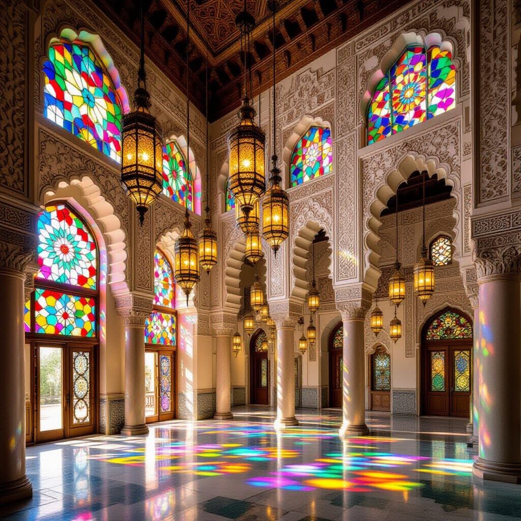 Majestic Madrasa Interior with Stained Glass and Carved Stuc...
