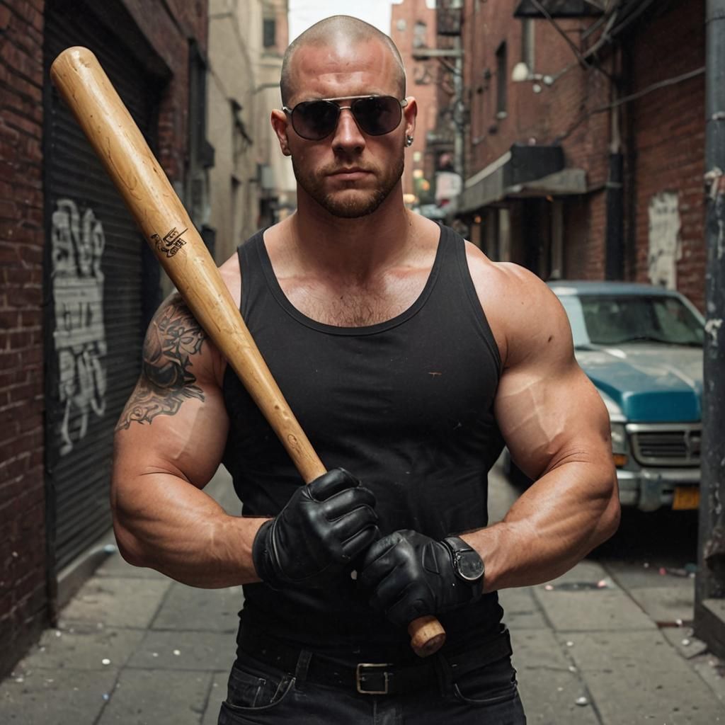 Rugged Bouncer with Baseball Bat in Alley